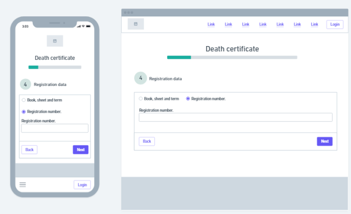 wireframe with new purposal, a form with registration number