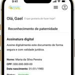 Preview of screen with some informations like name of the mother and father and status of their signature. In this image, the mother had signed, while the father not yet