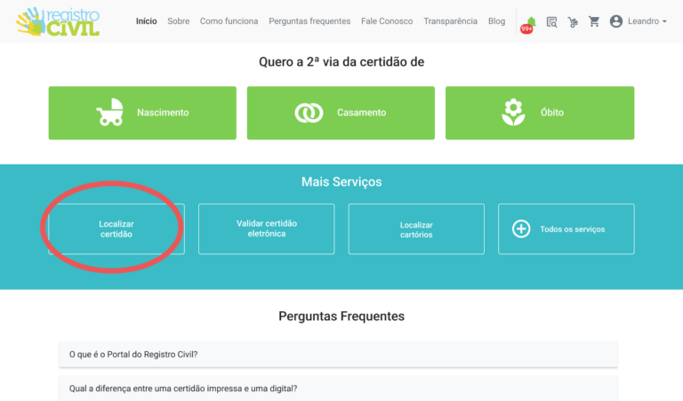 home mostrando a antiga localização do botão "localizar certidao"